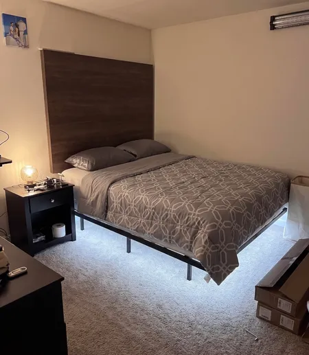 Desk and shelving unit assembled in a home office