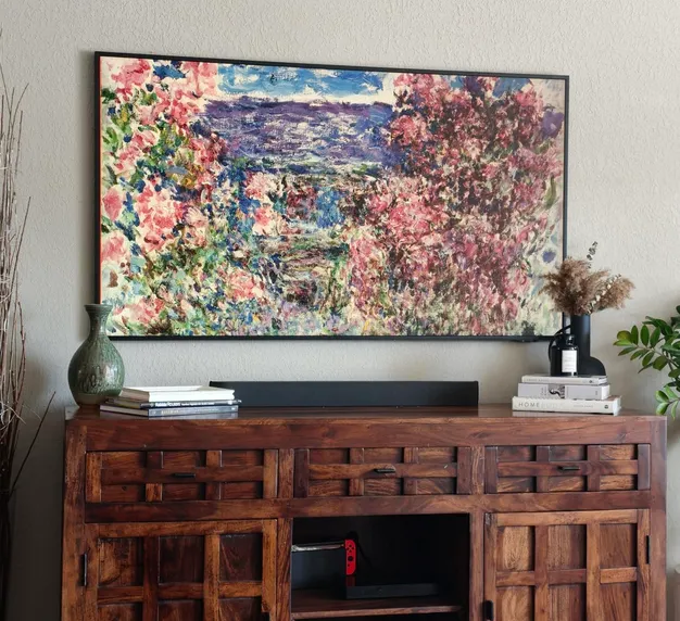 Samsung Frame TV mounted flush in a living room