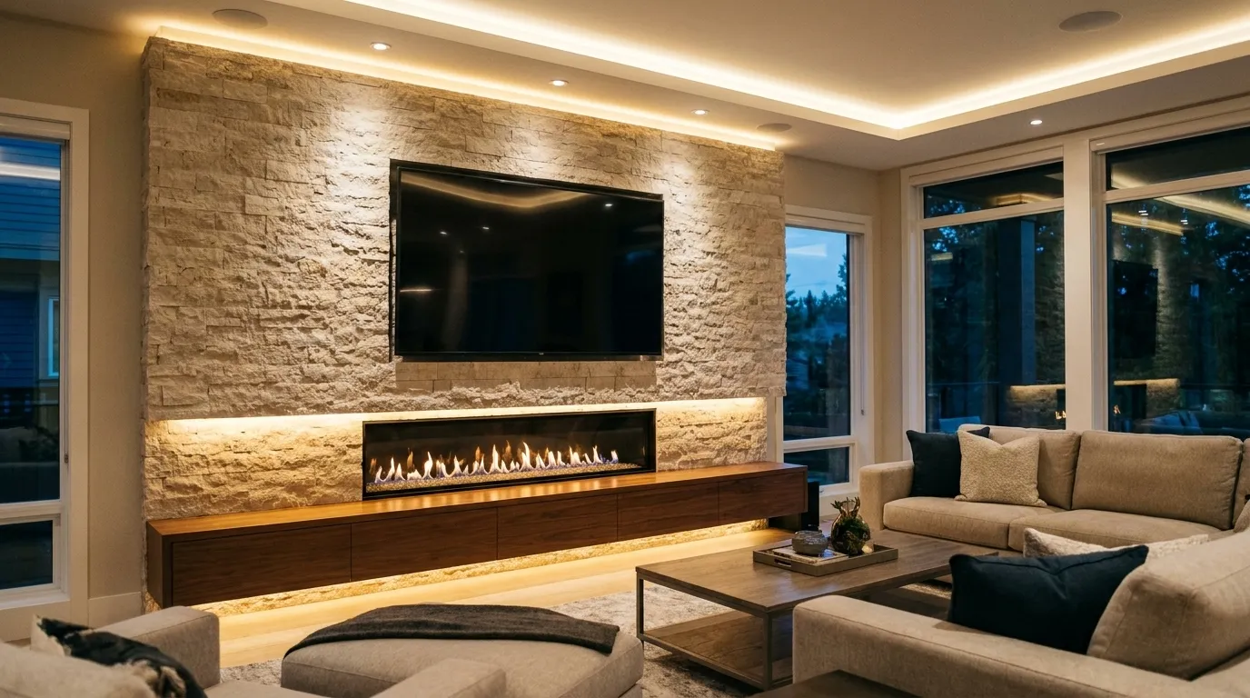 TV mounted above a media console with clean cable routing