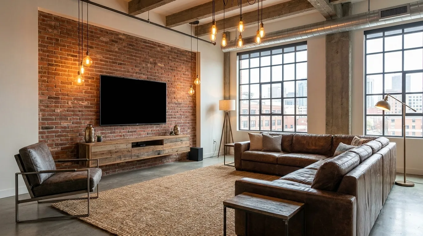 TV mounted on a brick wall in a finished living space